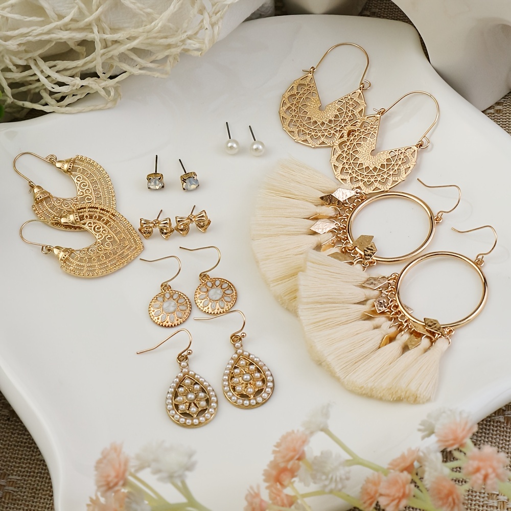 8 Pairs Women Stud Earrings Set Water Drop Round U Shape Tassel Bow Pearl Rhines